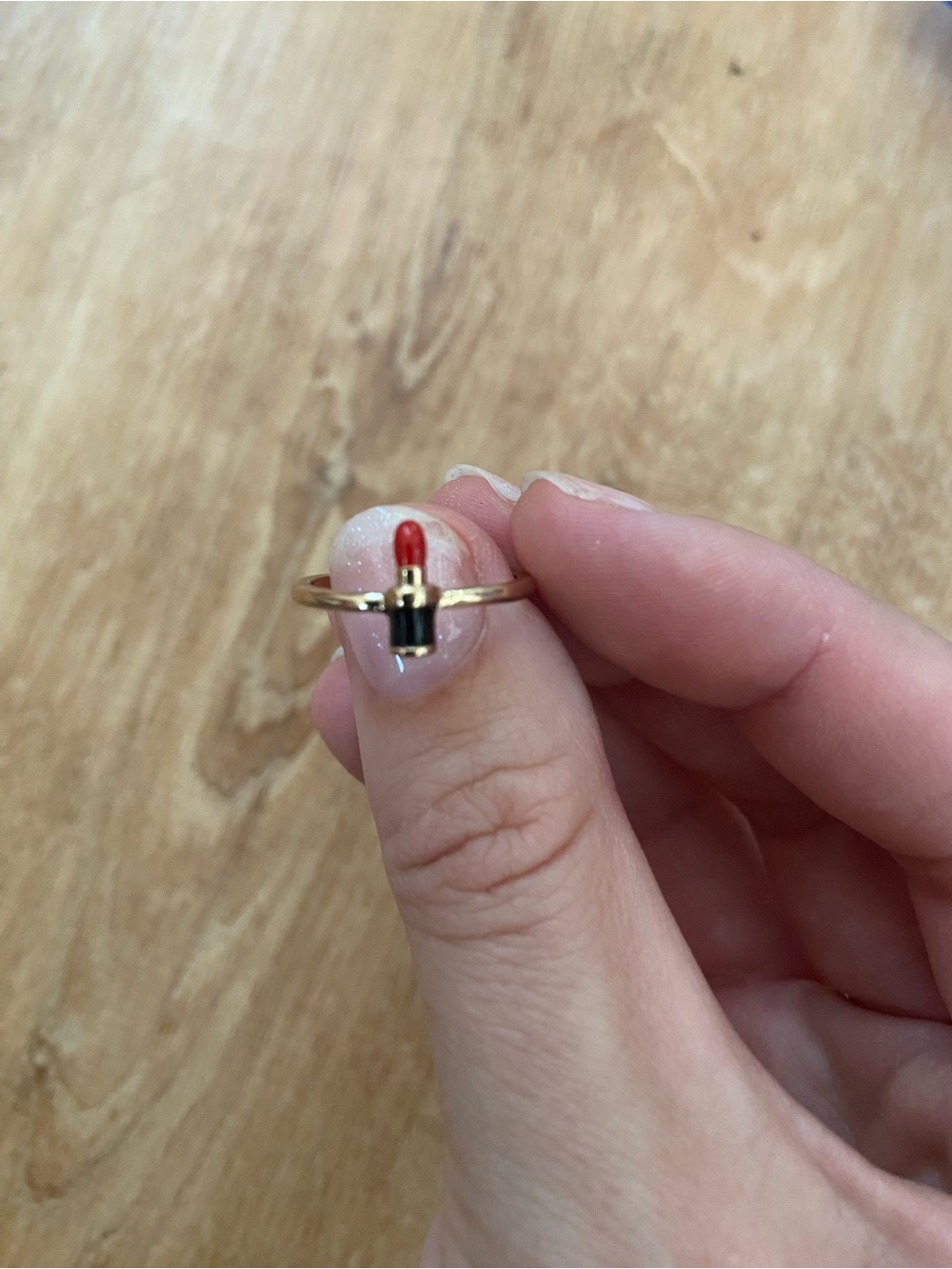 Dainty Gold Lipstick Charm Ring in Red and Black Size 6